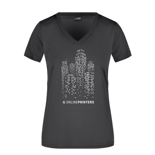 Svart polyester T-shirt med V-ringning fr dam.