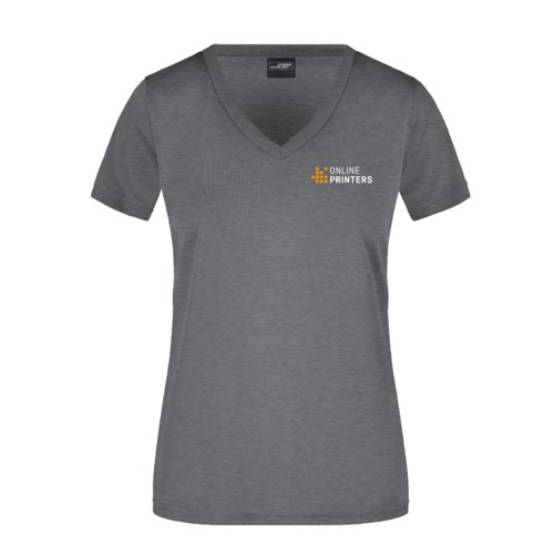 Mrkgrmelerad polyester T-shirt med V-ringning fr dam.