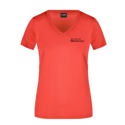 Rd polyester T-shirt fr damer med V-ringning och korta rmar.