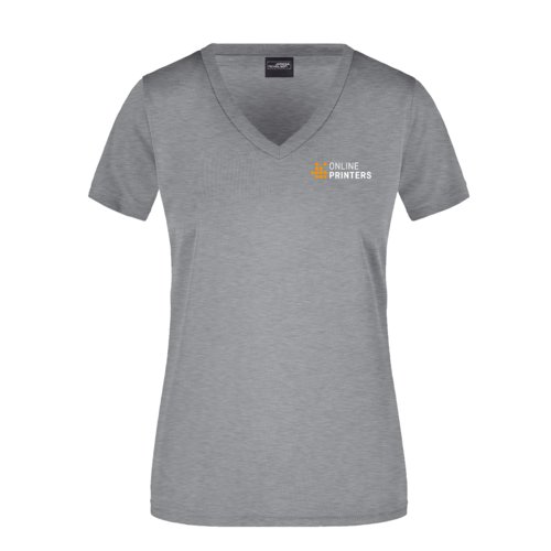 Grmelerad polyester-t-shirt med V-ringning fr damer.