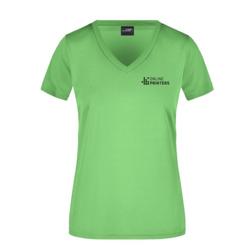 ppelgrn polyester T-shirt med V-ringning fr dam.