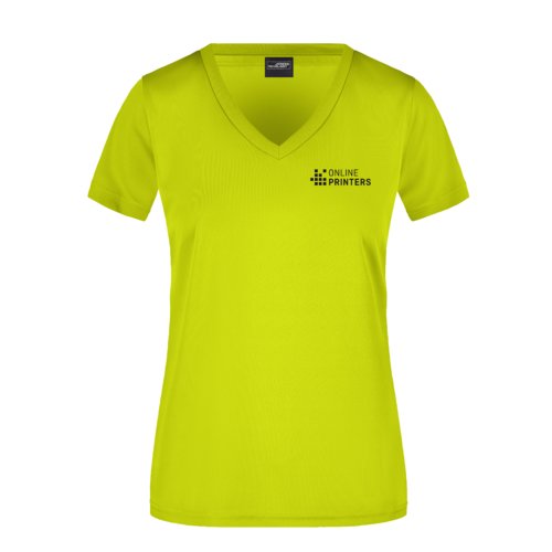 Neongul polyester-t-shirt med V-ringning fr dam.