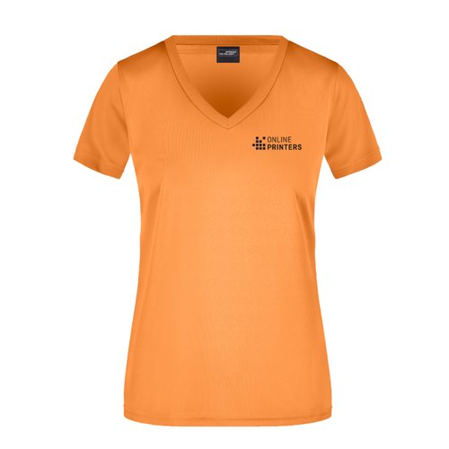 Orange polyester t-shirt med V-ringning fr damer.