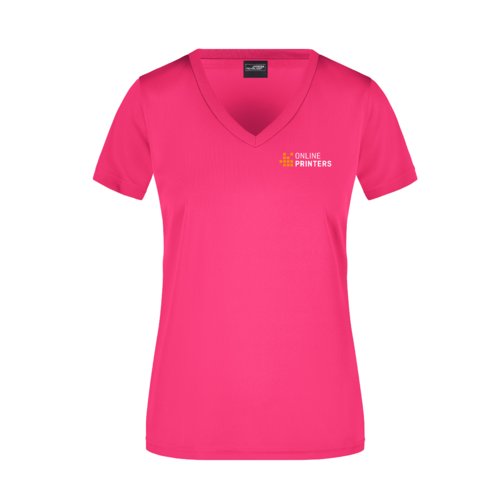 Rosa polyester dam T-shirt med V-ringning och korta rmar.