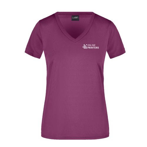 Violett polyester t-shirt med v-ringning fr dam.