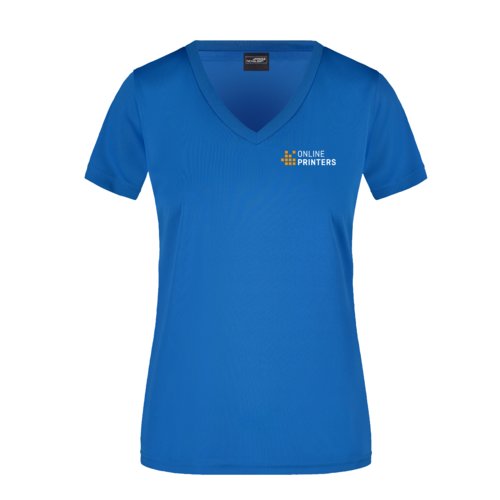 Kungsbl polyester t-shirt fr damer med V-ringning och korta rmar.