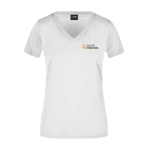 Vit polyester t-shirt fr damer med V-ringning och korta rmar.