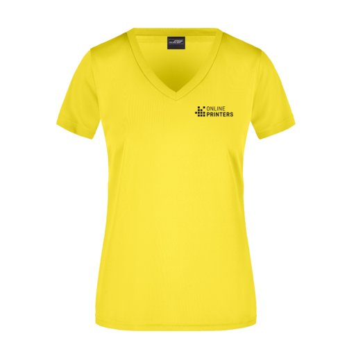 Gul polyester t-shirt med V-ringning fr damer.
