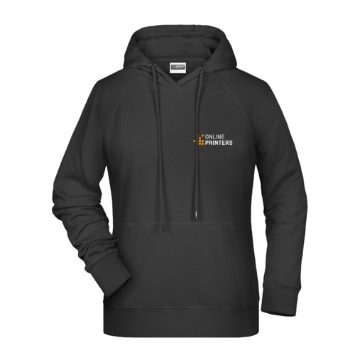Svart damhoodie i bomull-polyesterblandning med huva och knguruficka.