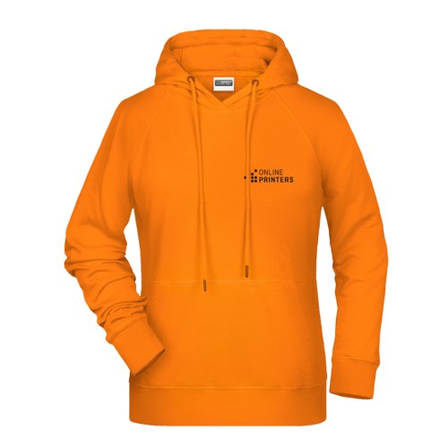Orange bomulls-polyester damhuvtrja med huva och knguruficka.