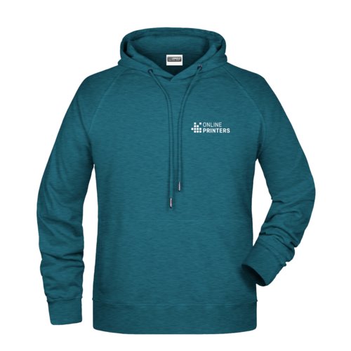 Petrolmelerad bomull-polyester hoodie med huva och dragsko.