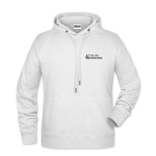 Vit herrhoodie i bomull-polyester med huva och dragsko.