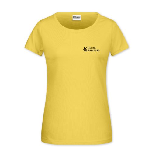 Gul bomulls-T-shirt fr dam med korta rmar och rund hals.
