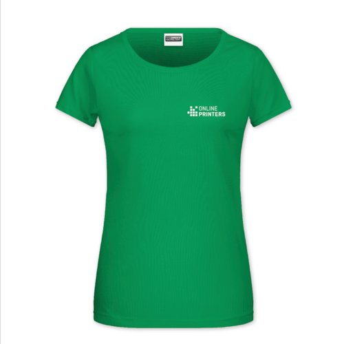 Grn bomulls-t-shirt fr damer med korta rmar och rund halsringning.