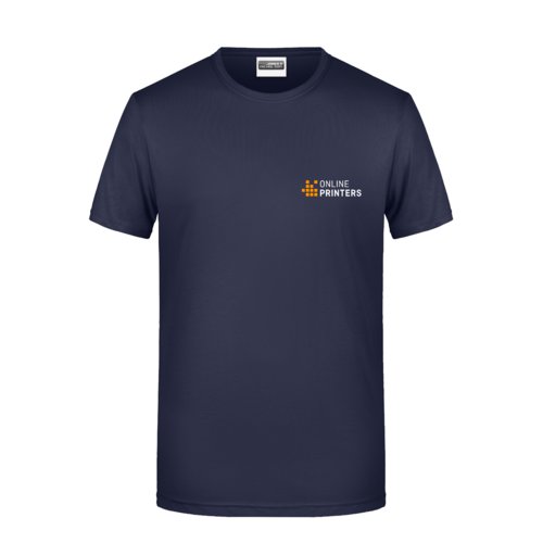 Mrkbl bomulls-T-shirt fr mn med korta rmar.