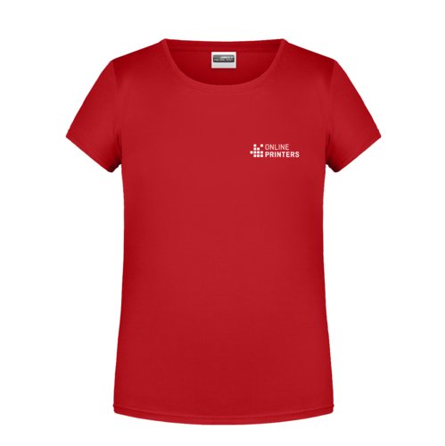 Rd bomulls-T-shirt fr flickor med korta rmar och rund hals.