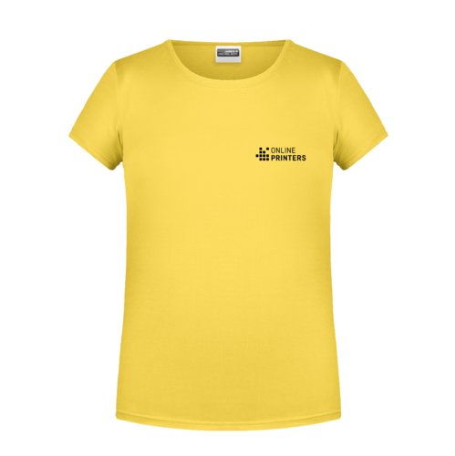 Gul bomulls-T-shirt fr flickor med korta rmar.