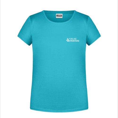 Turkos bomulls-T-shirt fr flickor med korta rmar.