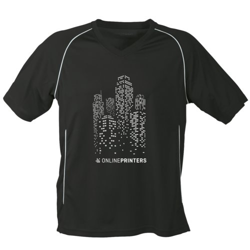 Svartvit polyester-T-shirt med V-ringning och korta rmar.