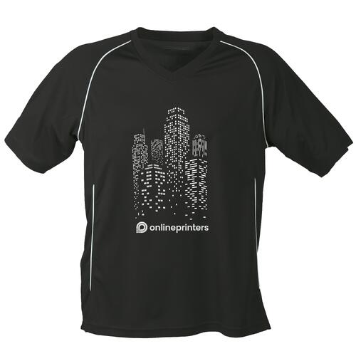 Svartvit polyester-T-shirt med V-ringning och korta �rmar.
