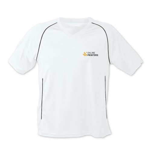 Vit och svart polyester t-shirt med korta rmar.