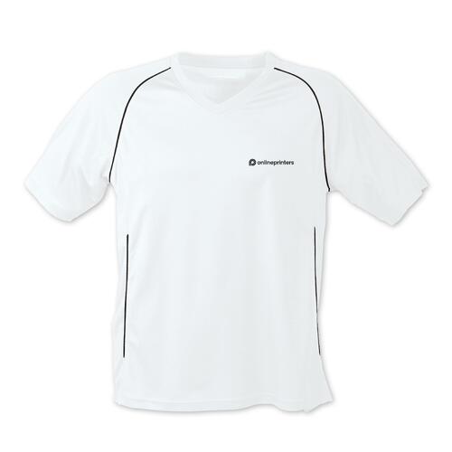 Vit och svart polyester t-shirt med korta �rmar.