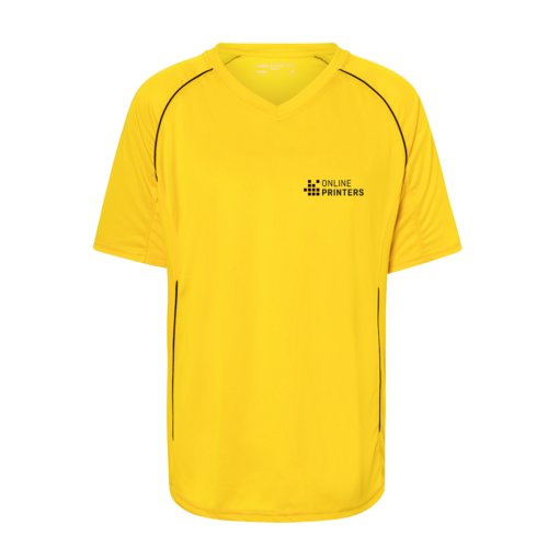 Gul polyester-T-shirt med V-ringning och korta rmar.