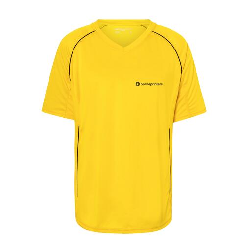 Gul polyester-T-shirt med V-ringning och korta �rmar.