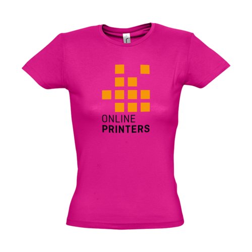 Fuchsia bomulls-T-shirt fr kvinnor med korta rmar.