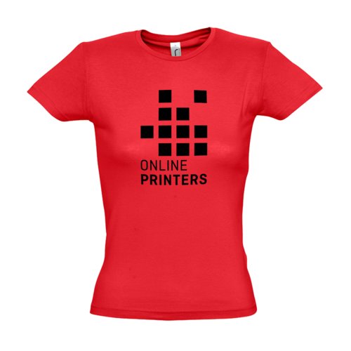 Rd bomulls-T-shirt fr damer med korta rmar och figursydd passform.