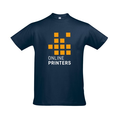 Marinbl bomulls-T-shirt fr mn med korta rmar.