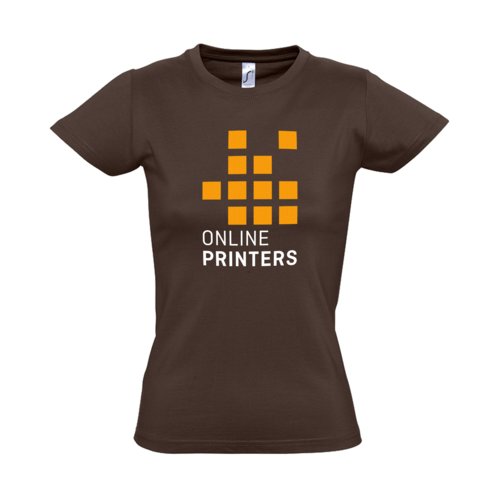 Brun bomulls-T-shirt fr damer med korta rmar.