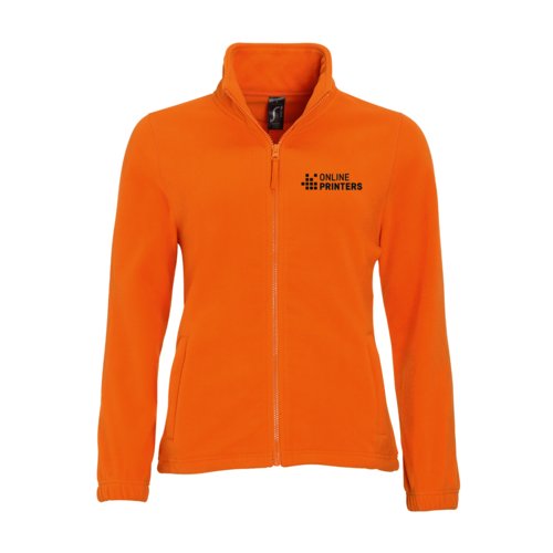 Orange fleecejacka i polyester fr damer med full dragkedja.