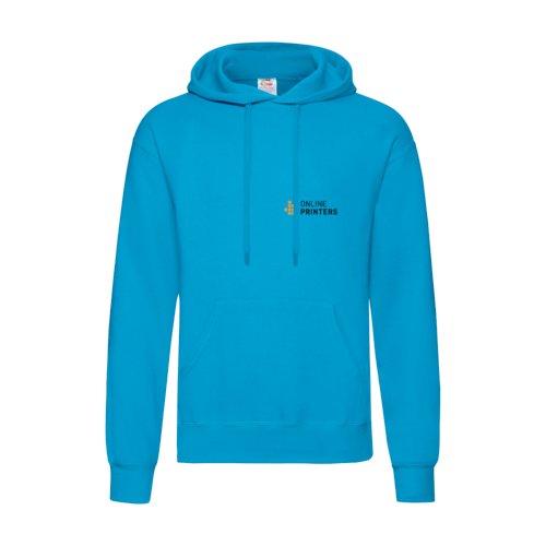 Azurbl bomull-polyester hoodie fr mn med huva och knguruficka.