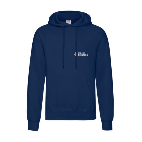 Marinbl bomull-polyester hoodie fr mn med huva och dragsko.