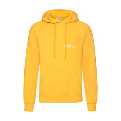 Gul hoodie fr mn i bomull-polyester med huva och knguruficka.