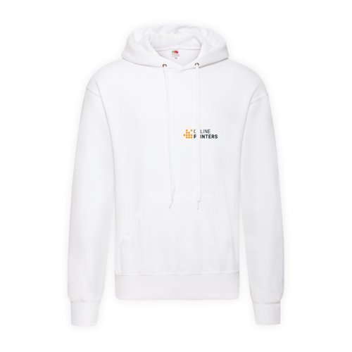 Vit herr-hoodie i bomull-polyester med huva och knguruficka.