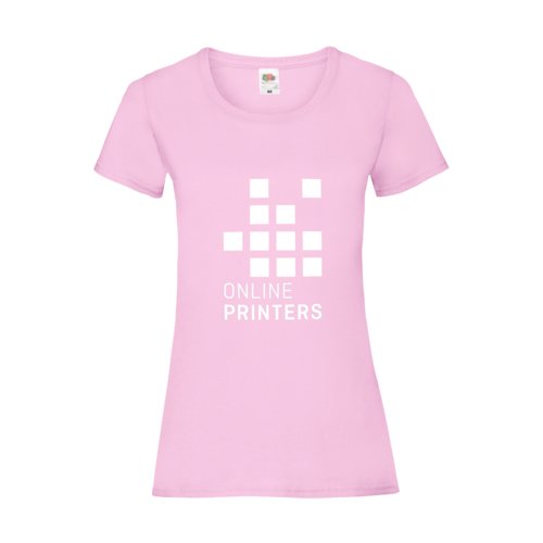 Ljusrosa bomulls-T-shirt fr damer med korta rmar.