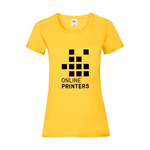 Gul bomulls-t-shirt fr damer med korta rmar.