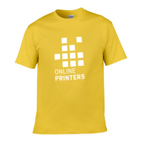 Gul bomulls-T-shirt fr mn med korta rmar.