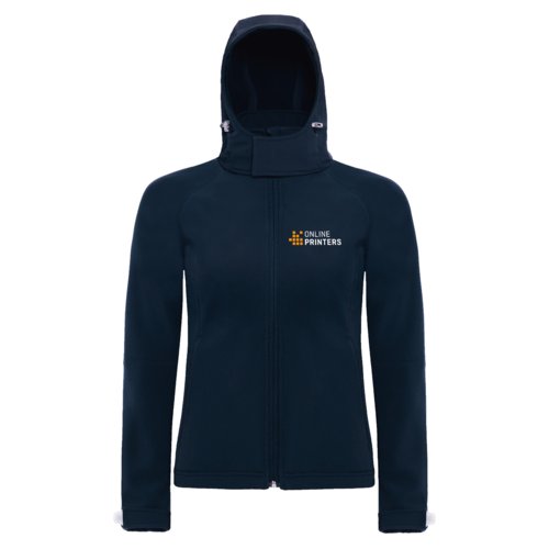 Marinbl softshelljacka av polyester och elastan med huva och dragkedja.