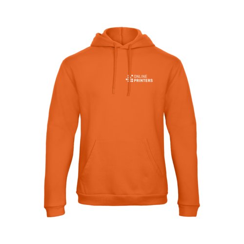 Orange huvtrja i blandat tyg med huva och knguruficka.