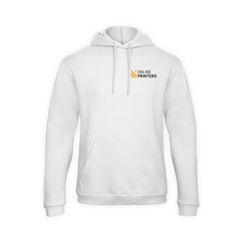 Vit bomull-polyesterhoodie med huva och knguruficka.