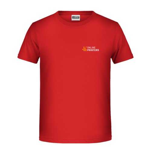 Rd bomulls-T-shirt fr barn med korta rmar och rund hals.