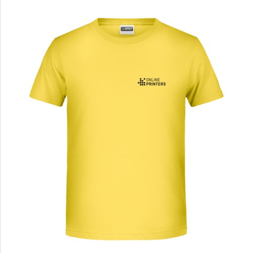 Gul bomulls-T-shirt fr barn med korta rmar.