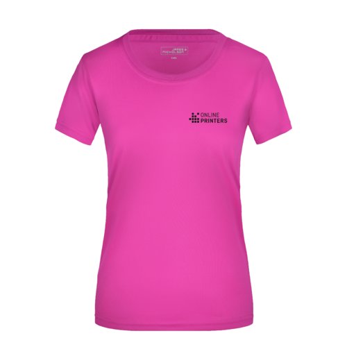 Rosa polyester T-shirt fr damer med korta rmar.