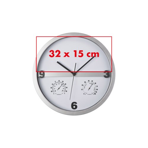 Silverfrgad vggklocka med integrerad termometer och hygrometer.