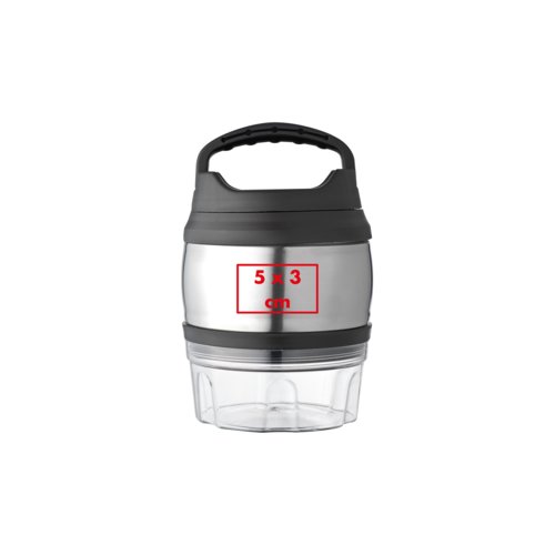 Silverfrgad metall- och plastbehllare med lock och handtag.