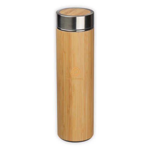 Beige bambu termosflaska med skruvlock.