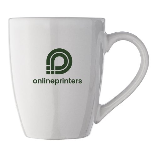 Vit keramisk mugg med handtag.